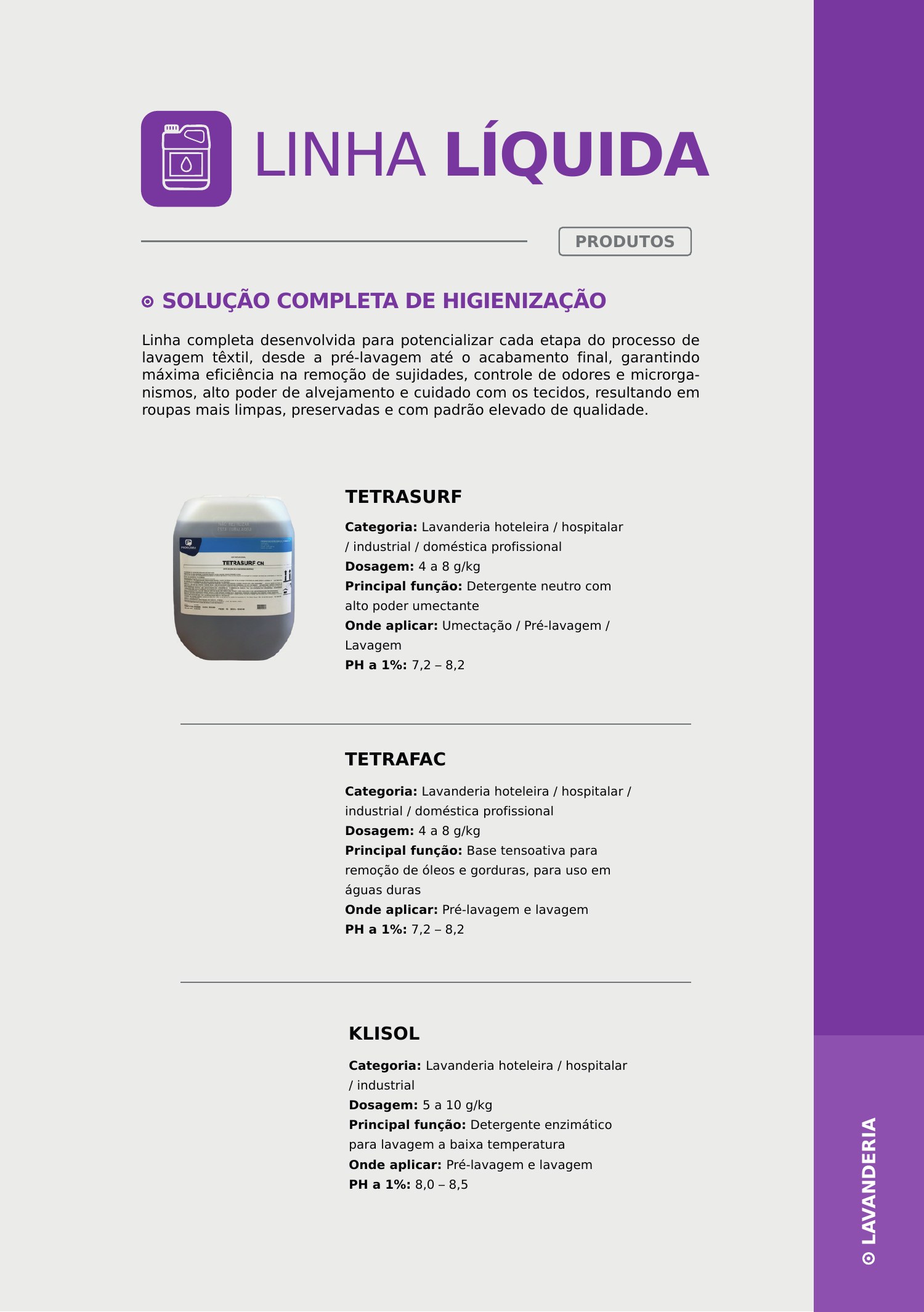 Linha líquida — detergência e umectação